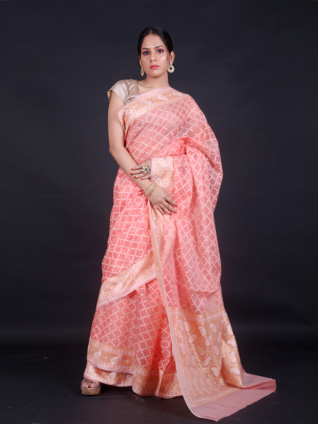 Signoraa Peach Banarasi Kora Cotton Diamond Thread Saree – FCT010672