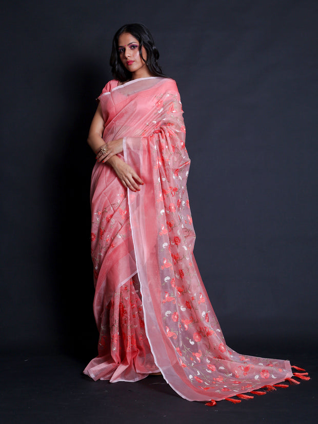 Signoraa Pink Fancy Cotton Embroidery Saree – FCT010353