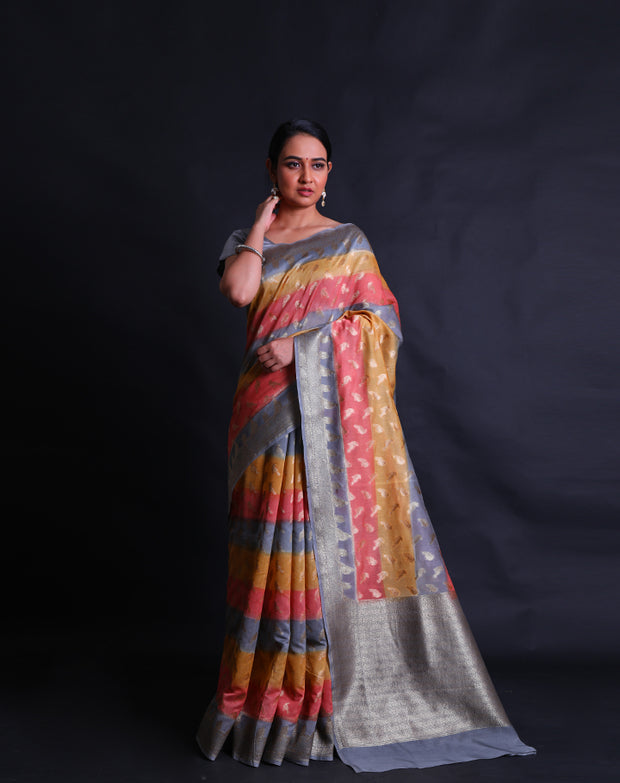 The multi-colored Banarasi cotton saree with bird design woven in zari as buttis all over the drape,- BSK010630