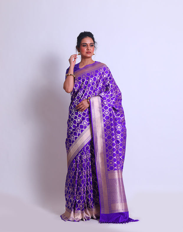 The Purple Banarsi Handloom Silk saree with a gold zari border and pallu adorned with gold zari design - BSK010530