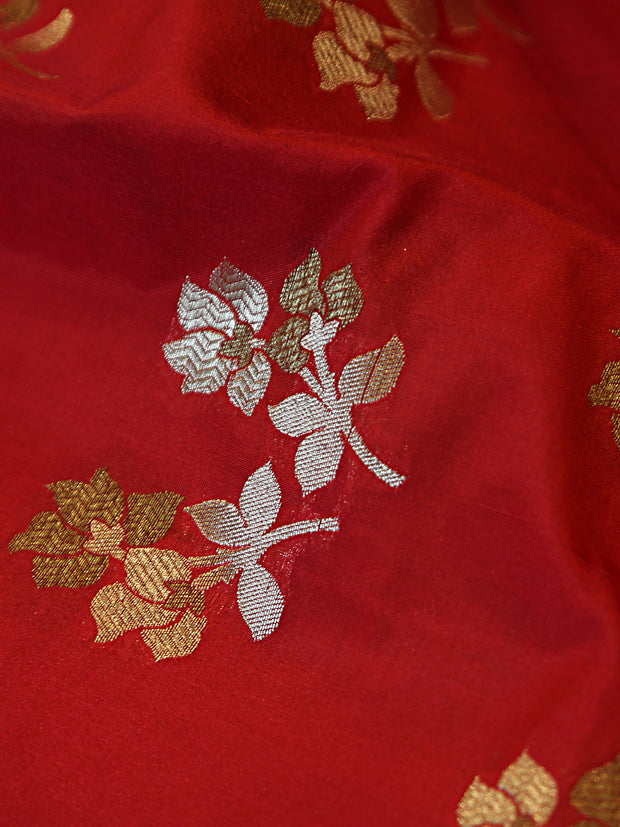 Signoraa Red Silk Gold Silver Zari Flower Fabric – PMT012472