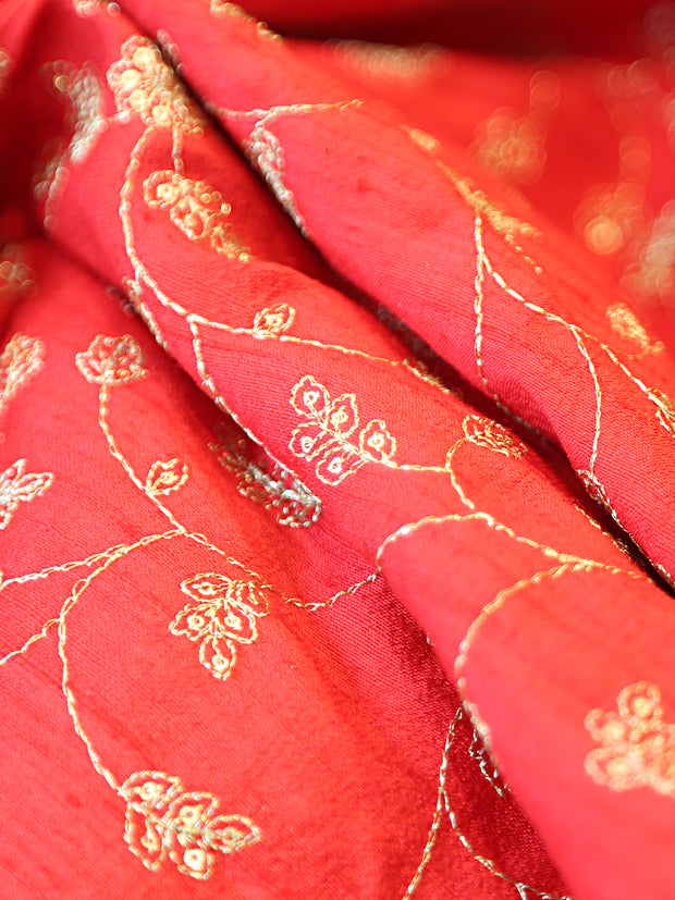 Signoraa Red Raw Silk Aari Sequence Embroidery Fabric – PMT012578