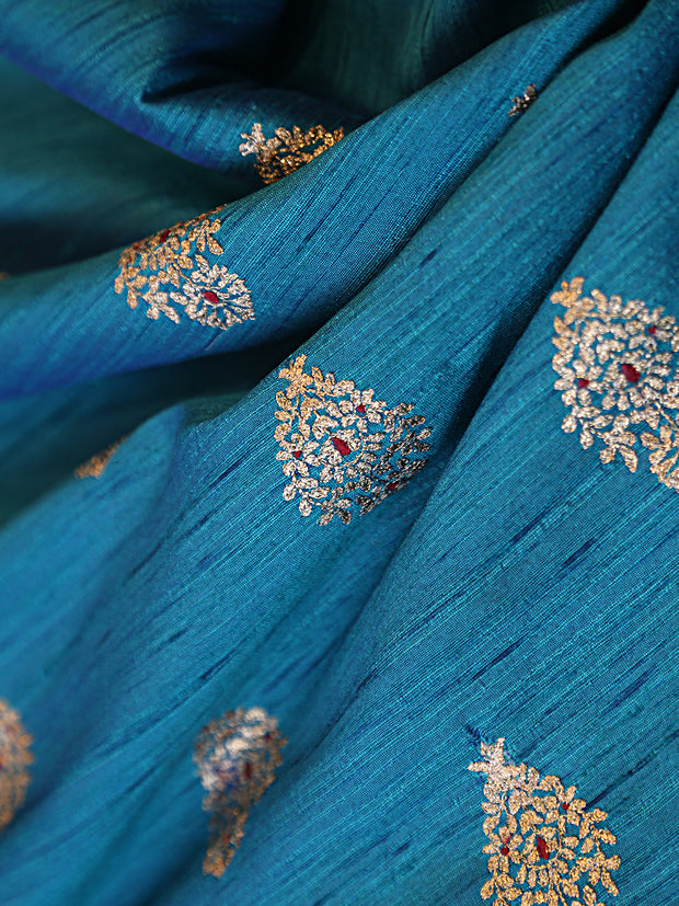 Signoraa Peacock Blue Raw Silk Gold Zari Butti Fabric – PMT012230
