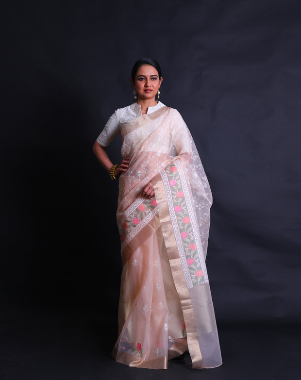 The light peach organza saree with machine embroidery in thread all over the drape,- BLN01555