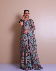 The brown blended saree with brasso print and stone embroidery on the border, - BLN01339