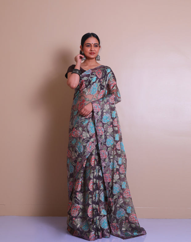 The brown blended saree with brasso print and stone embroidery on the border, - BLN01339