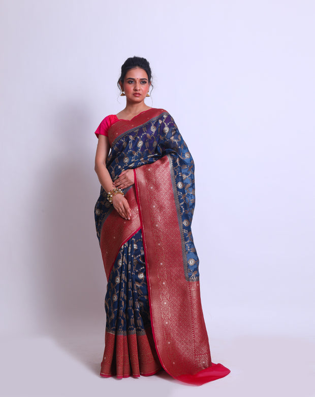 The Navy Blue Organza Handloom saree sounds absolutely stunning - BSK09208