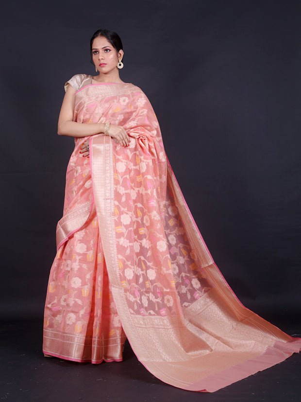 Signoraa Peach Fancy Cotton Meenakari Jaal Zari Saree – FCT010672