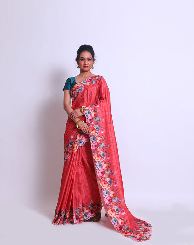 The rust semi-Tussar saree with digital print on the border and pallu - BLN01404