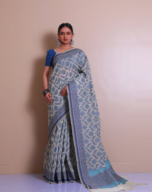 The beige cotton handloom saree with light blue and dark blue thread woven throughout sounds absolutely lovely - BSK010773