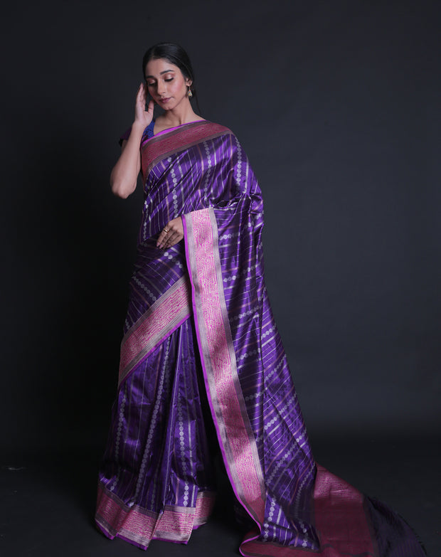 Signoraa Purple Silk Banarasi Silver Gold Lines Saree – BSK09284