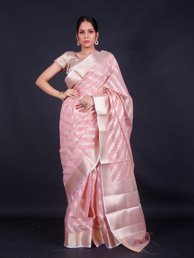 Signoraa Pink South Cotton Leheriya Zigzag Saree – FCT010651