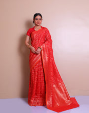 The red Banarsi cotton Handloom saree with gold zari details on the border, pallu, - BSK010593