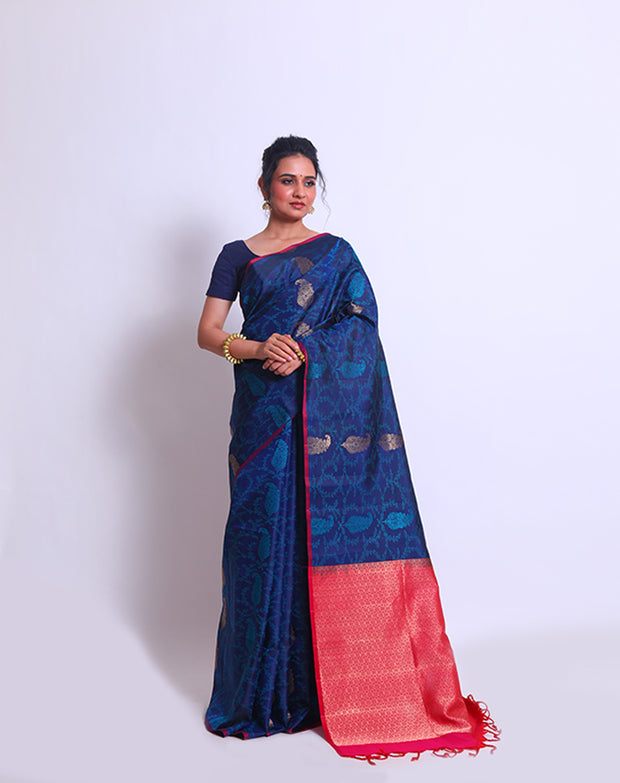 The Navy Blue South Silk Handloom saree with lighter blue woven all over the drape sounds elegant and sophisticated - KSL03152