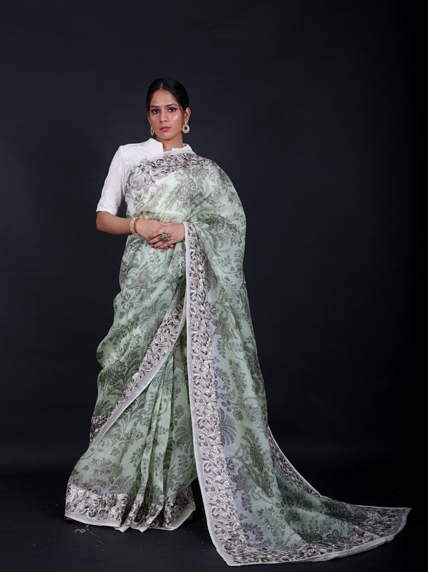 Signoraa Green Organza Printed Saree - EMB03246