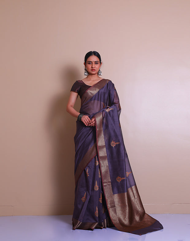 The dark mauve Banarasi cotton saree with a zari border and pallu sounds absolutely elegant. - BSK010739