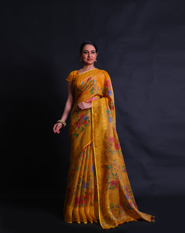 The mustard soft Tussar printed saree you've described sounds elegant and contemporary.- PTS05298