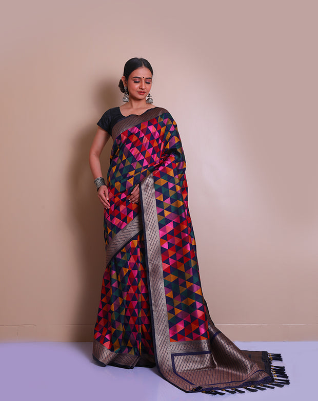 The dark blue blended Banarasi saree with multi-colored thread weaving sounds striking and vibrant - BLN01118