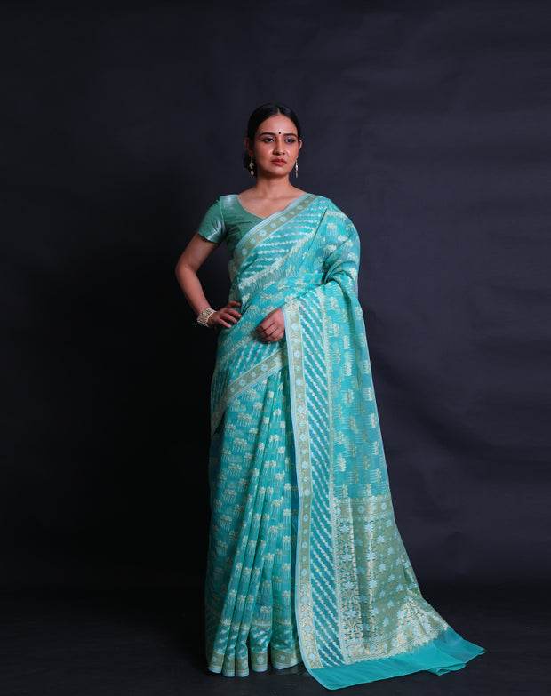 The sea green kora cotton saree with intricate thread and zari motifs sounds elegant,- BSK010529