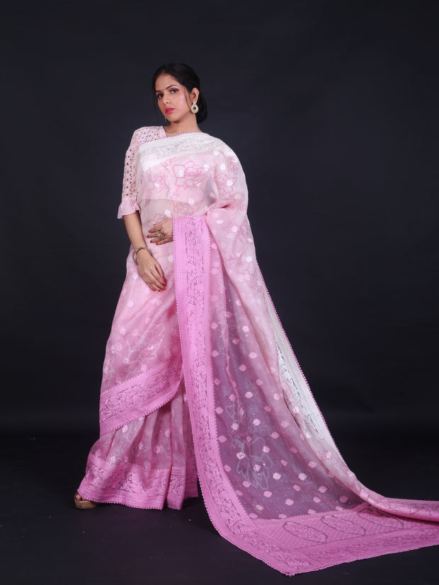Signoraa Pink Organza Digital Printed Saree – EMB03246