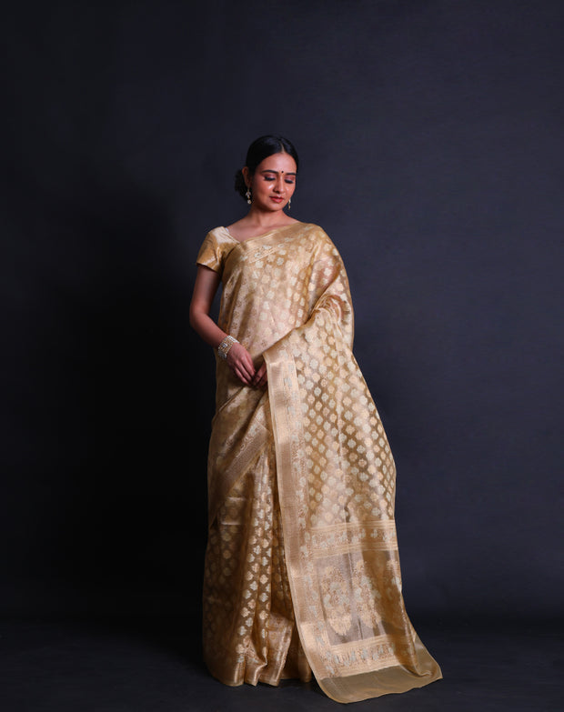 The gold cotton saree you've described sounds elegant and luxurious,- FCT011109