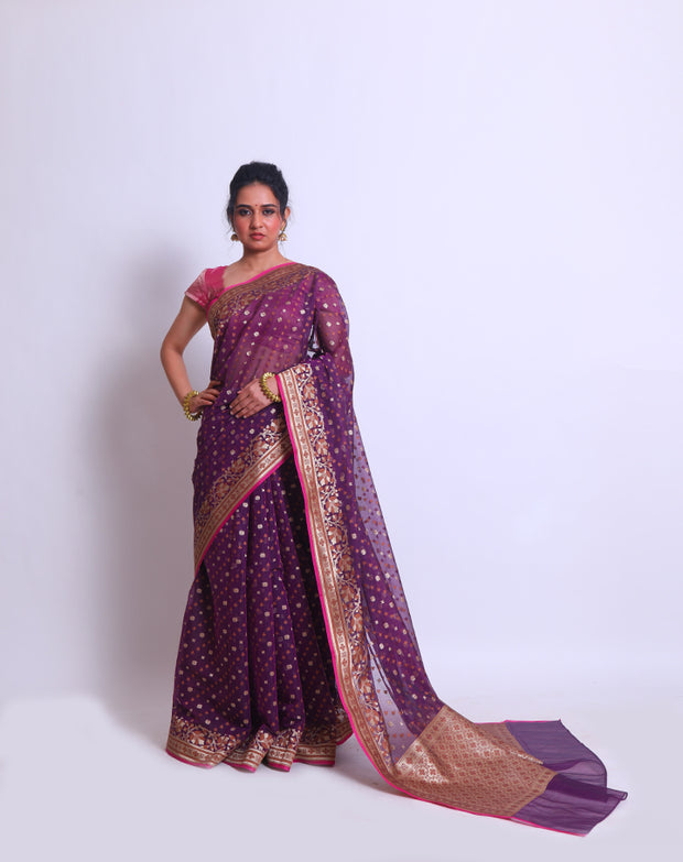 The wine fancy cotton saree with a combination of two borders - BSK010448