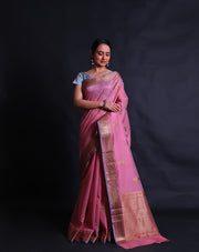 The pink Banarasi handloom cotton saree with antique zari buttis all over the drape sounds exquisite,- BSK010732