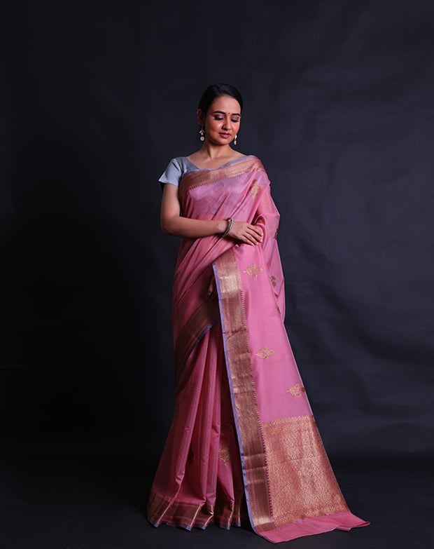 The pink Banarasi handloom cotton saree with antique zari buttis all over the drape sounds exquisite,- BSK010732