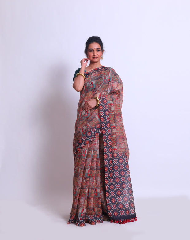 The Black semi-Tussar saree with digital print on the border and pallu - BLN00864