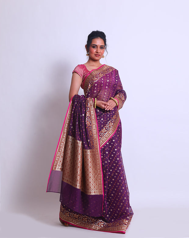 The wine fancy cotton saree with a combination of two borders - BSK010448