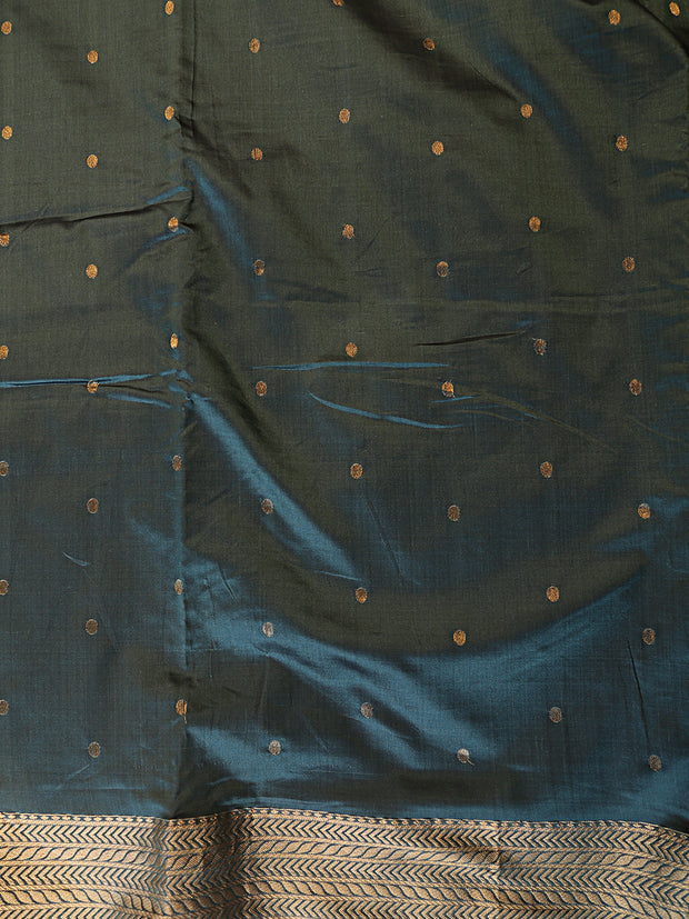 Signoraa Dull Green Silk Zari Dots Border Fabric – PMT012584