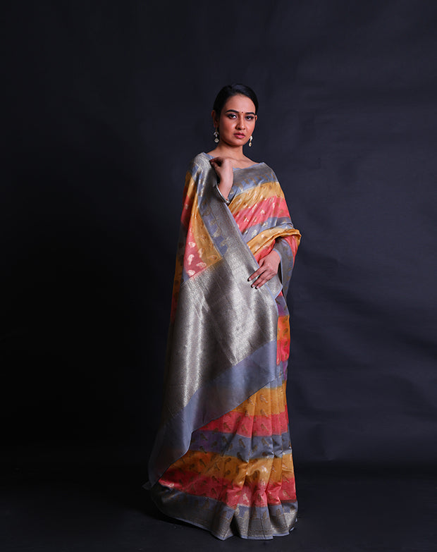 The multi-colored Banarasi cotton saree with bird design woven in zari as buttis all over the drape,- BSK010630