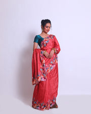 The rust semi-Tussar saree with digital print on the border and pallu - BLN01404