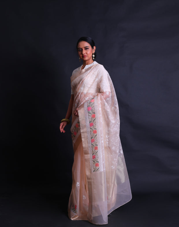 The light peach organza saree with machine embroidery in thread all over the drape,- BLN01555