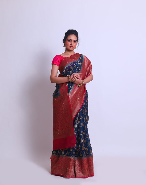The Navy Blue Organza Handloom saree sounds absolutely stunning - BSK09208