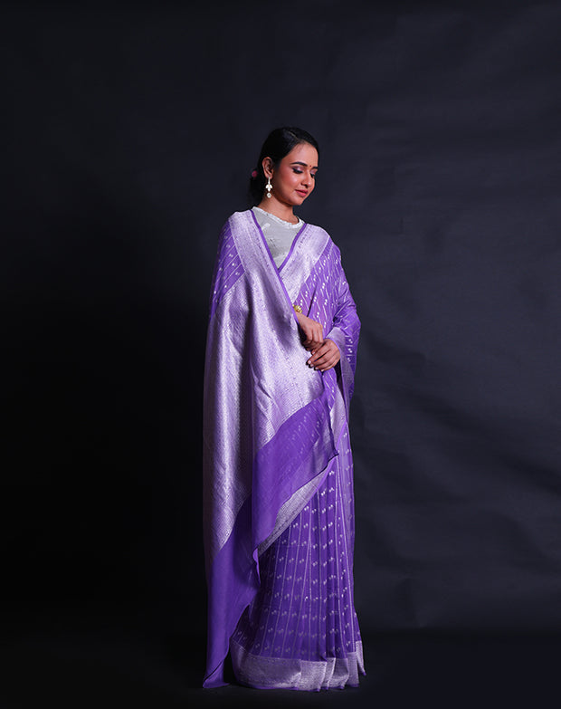 The mauve Khadi georgette saree with raindrop design and lines woven in silver zari all over the drape,- CHG04064