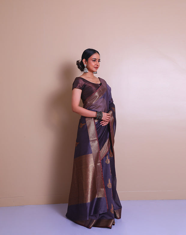 The dark mauve Banarasi cotton saree with a zari border and pallu sounds absolutely elegant. - BSK010739