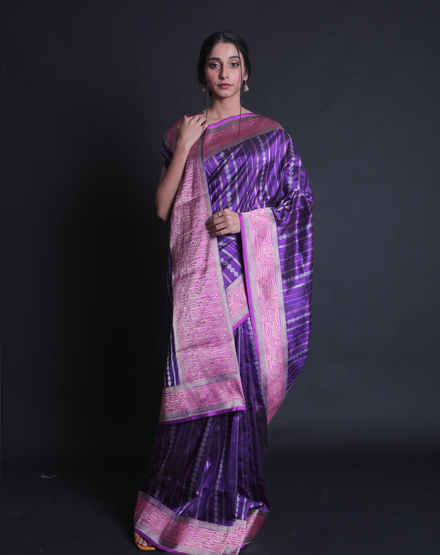 Signoraa Purple Silk Banarasi Silver Gold Lines Saree – BSK09284