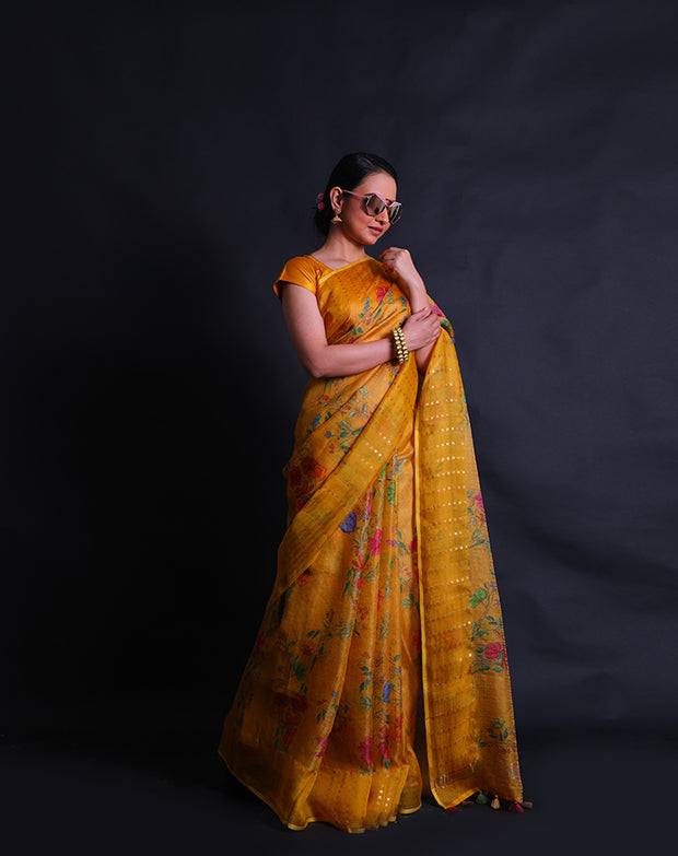 The mustard soft Tussar printed saree you've described sounds elegant and contemporary.- PTS05298