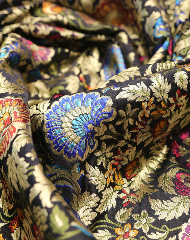 Signoraa Black Satin Silk Kirkham Meenakari Weaving Fabric – PMT010634