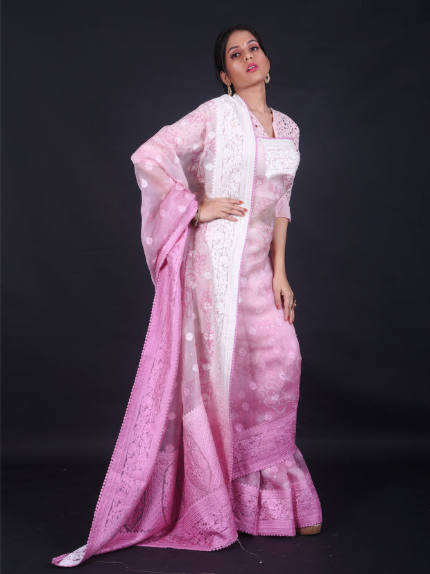 Signoraa Pink Organza Digital Printed Saree – EMB03246