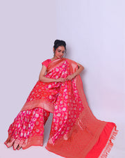 The Rani Banarasi handloom silk saree sounds exquisite with its gold zari design border - BSK010801