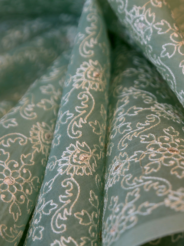Signoraa Light Green Organza Zari Dots Embroidery Fabric – PMT012521