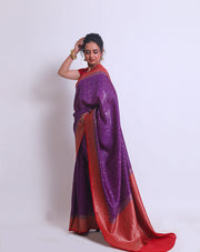 The purple soft Tussar Handloom saree with a red contrast and zari woven border and pallu sounds enchanting - BSK010663