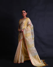 The cream organza saree with shades of light color and zari lines all over the drape sounds ethereal and elegant,- FCT011113