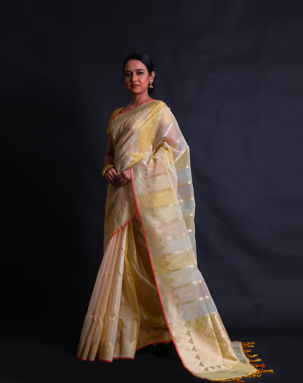 The cream organza saree with shades of light color and zari lines all over the drape sounds ethereal and elegant,- FCT011113