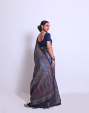 The dark blue semi-printed saree with Ajrak print all over the drape, border - BLN00978