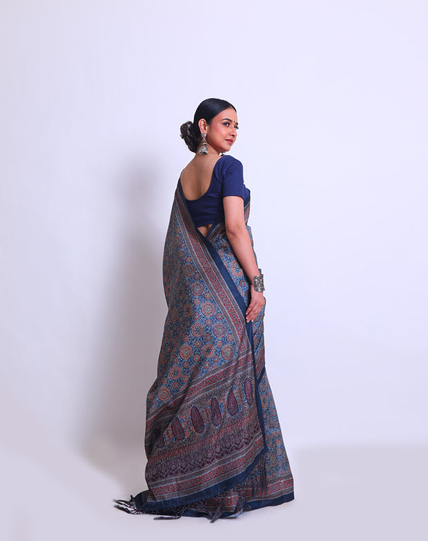 The dark blue semi-printed saree with Ajrak print all over the drape, border - BLN00978