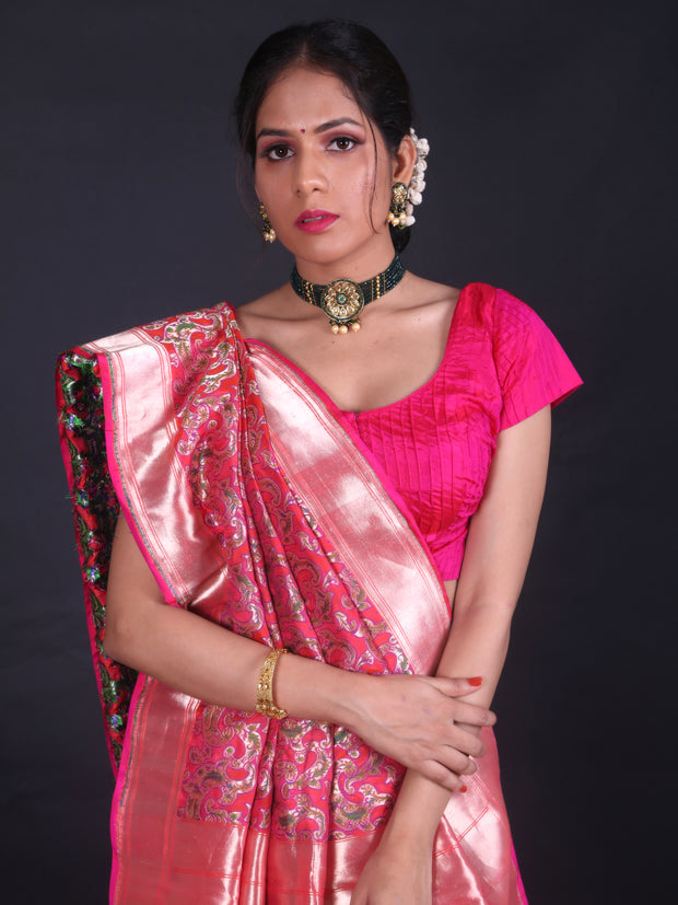 Signoraa Pink Banarasi Silk Meenakari Saree – BSK010083