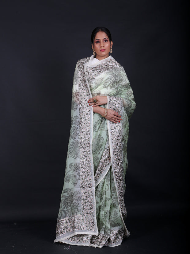 Signoraa Green Organza Printed Saree - EMB03246